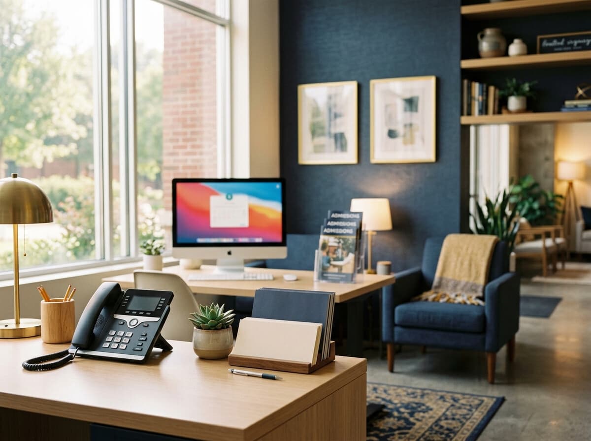 A bright, modern admissions office with warm morning light, a desk, and a welcoming front-desk feel.