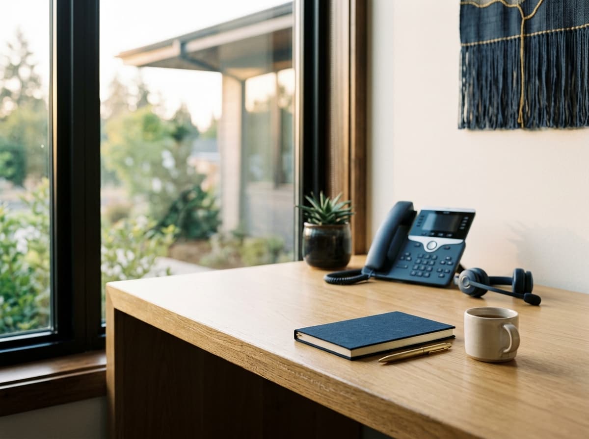 A warm call station with a headset and a softly glowing phone by a window, no people.