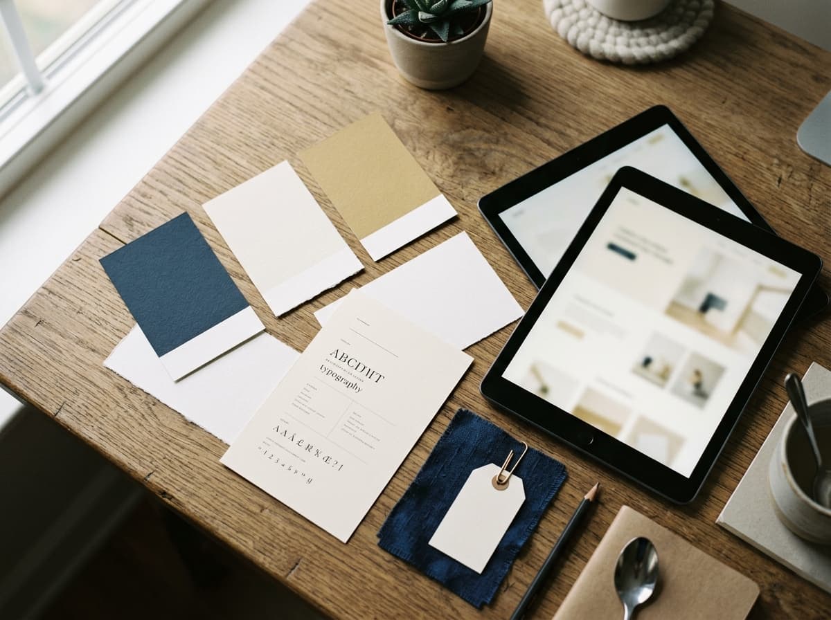A clean designer's desk with muted swatches and a blank device mockup, no logos.