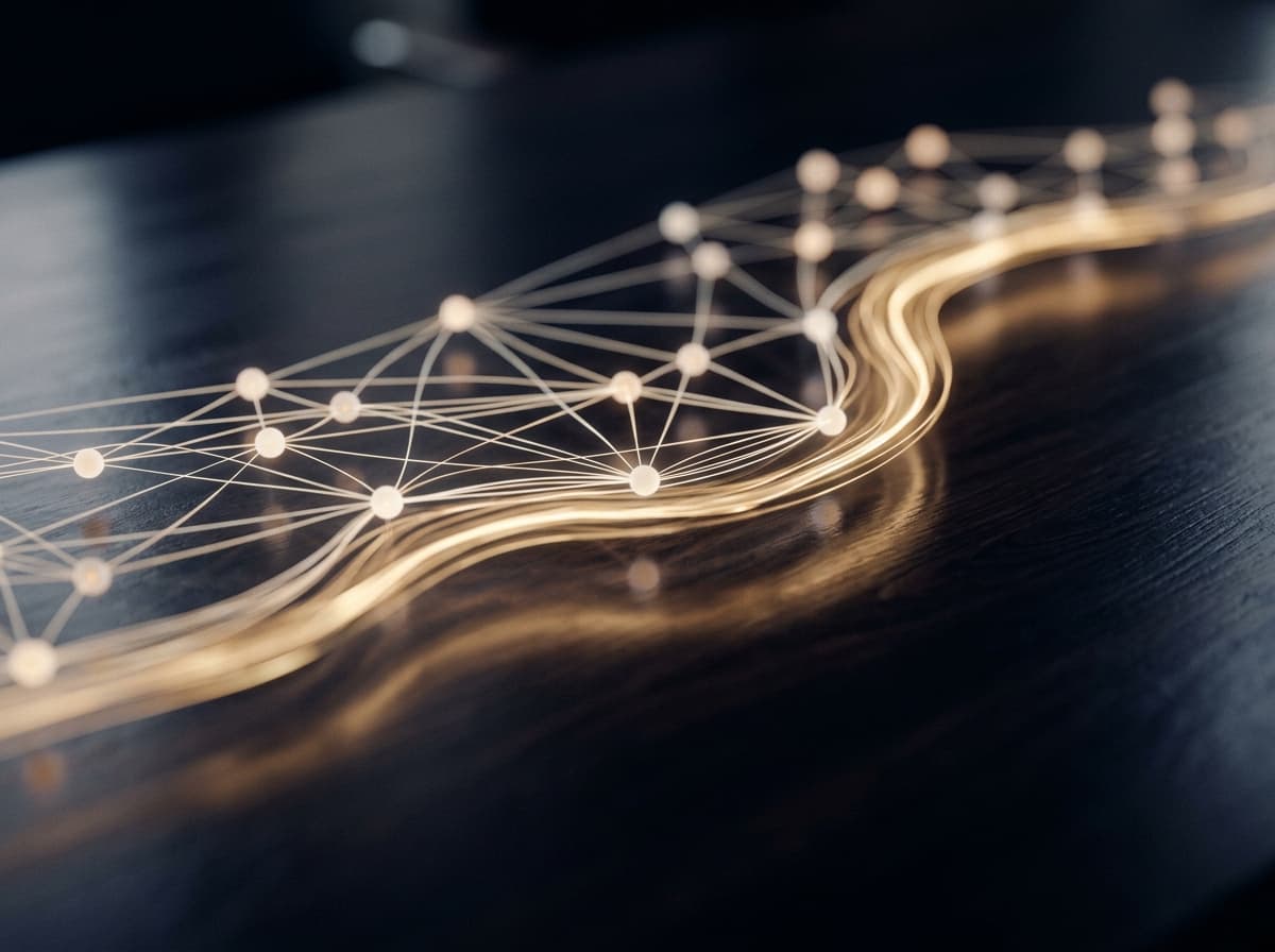 Abstract softly connected nodes and lines of light over deep navy.