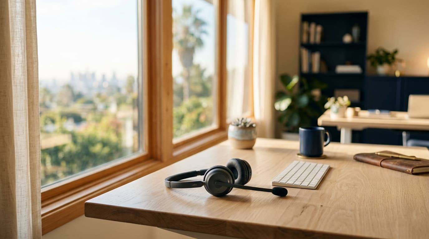 A warm, out-of-focus office with a headset resting on a desk by a sunlit window, no faces.