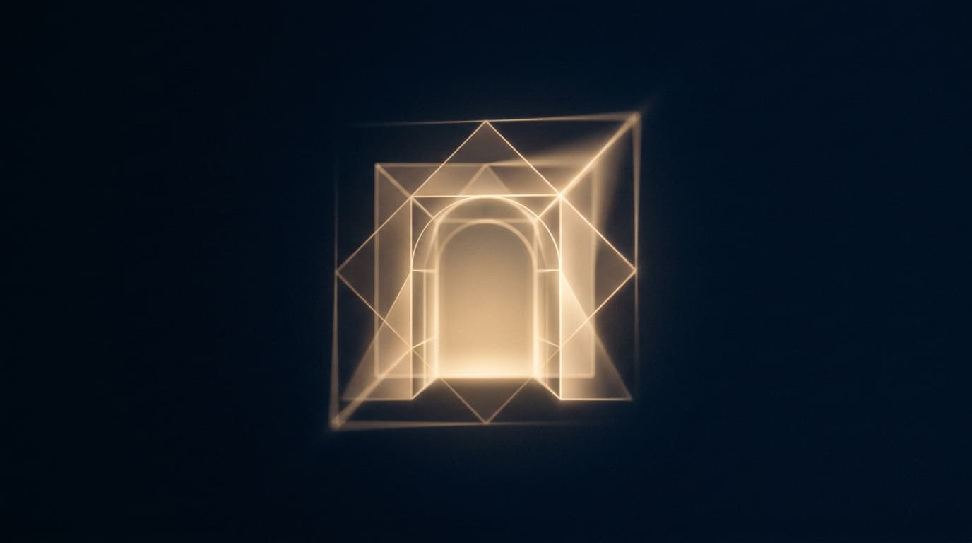 An abstract geometric gateway of soft gold light over deep navy, trust and clarity.