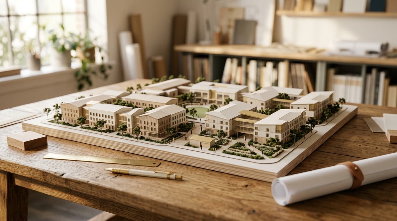 An architect's scale model of a calm campus on a warm wooden table.