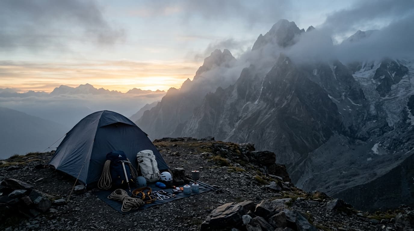 A quiet valley basecamp at dawn, mist, the calm start of a climb.