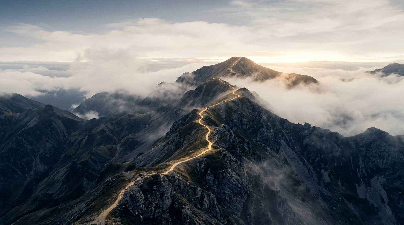 An aerial of layered mountain terrain at golden hour — charting the route ahead.