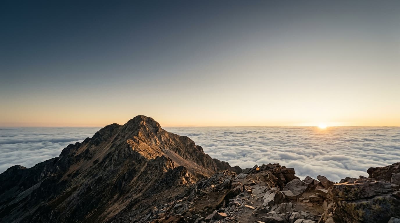 A bright summit ridge bathed in gold first light, arrival, expansive.