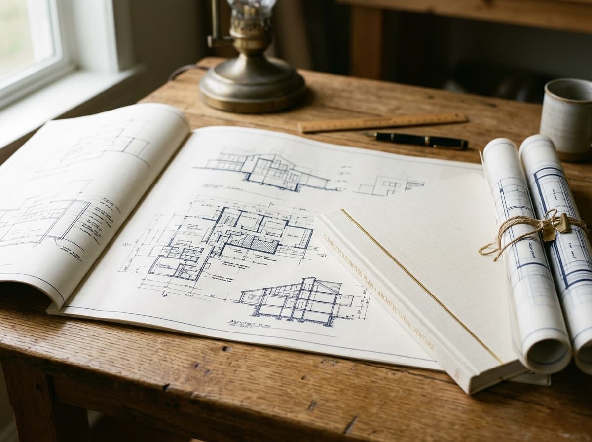 An architect's blueprint and scale model on a warm table.