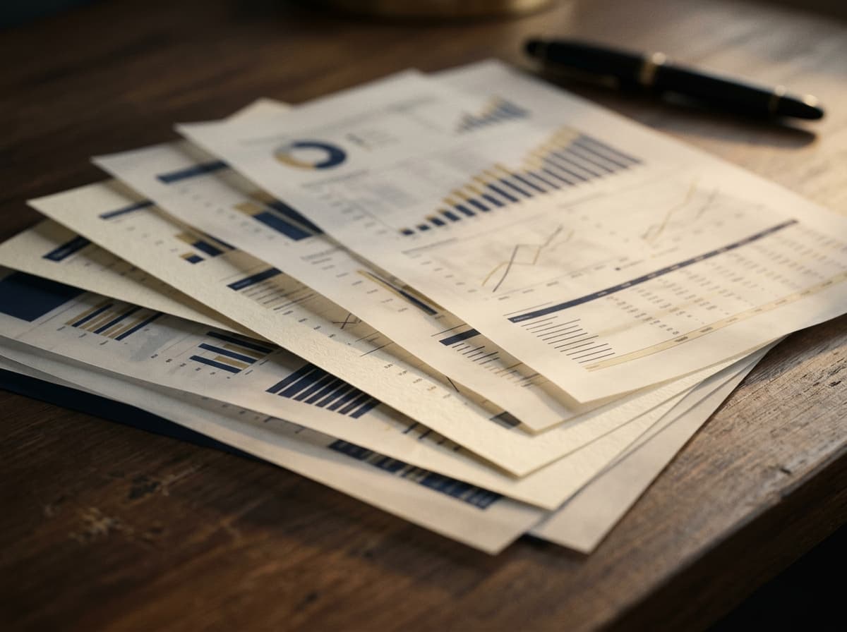 A soft-focus financial workspace with a calculator and unmarked charts in warm light.