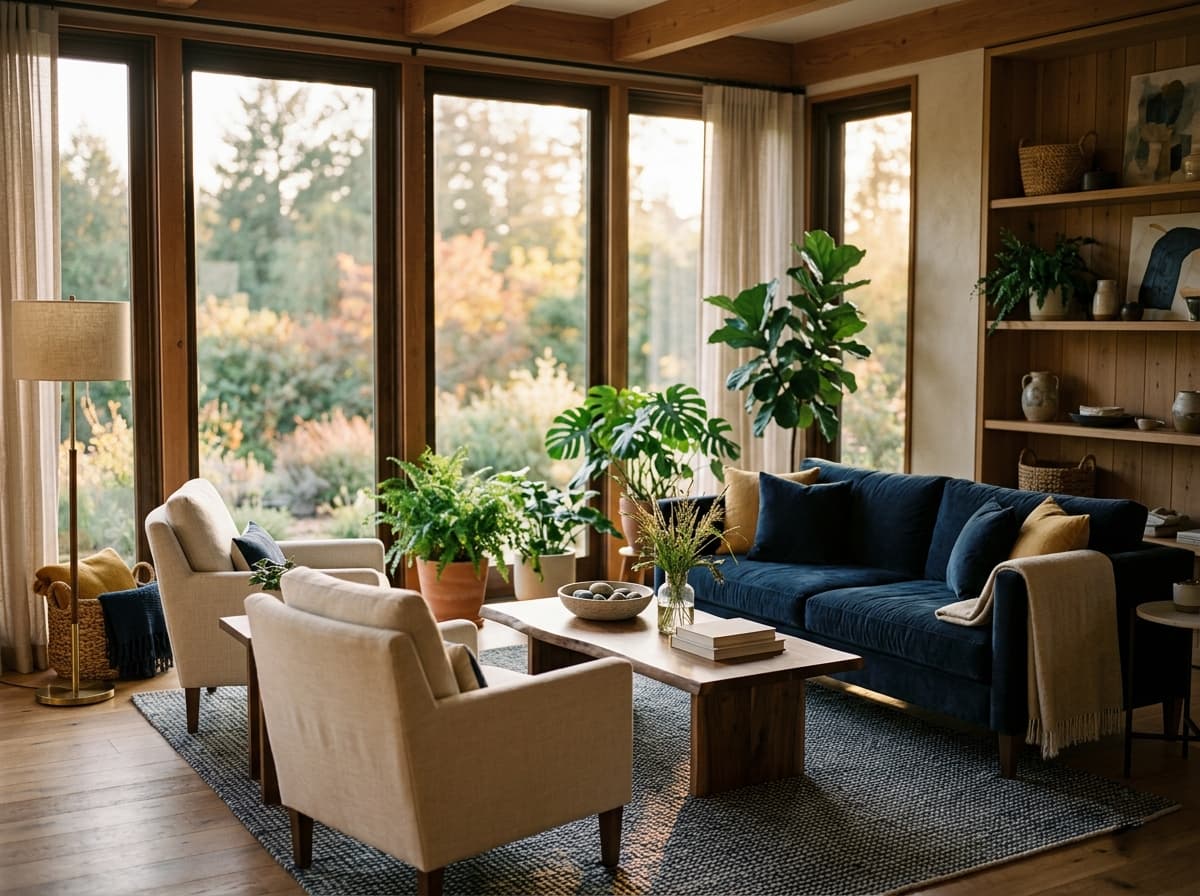 A bright, calm clinical-but-human therapy room with warm wood and soft textiles.