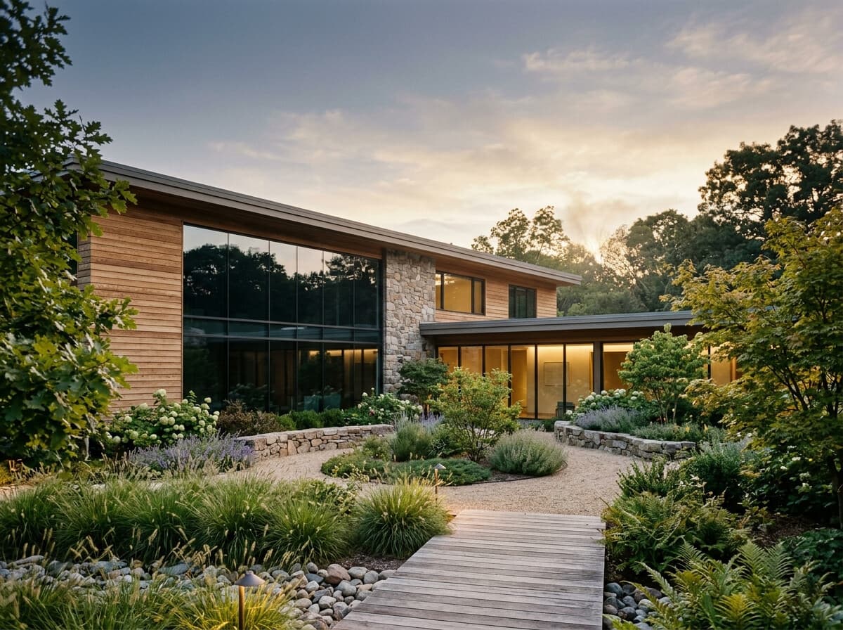 A calm, modern treatment-center building at golden hour with warm wood, stone, and large windows.